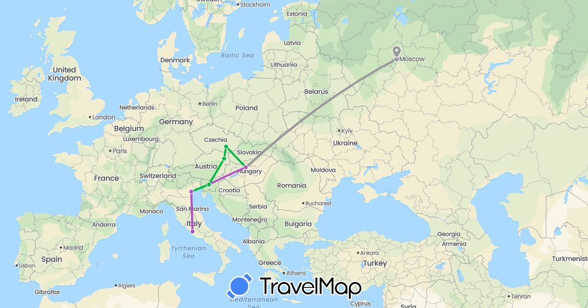 TravelMap itinerary: driving, bus, plane, train in Austria, Czech Republic, Hungary, Italy, Russia, Slovenia (Europe)